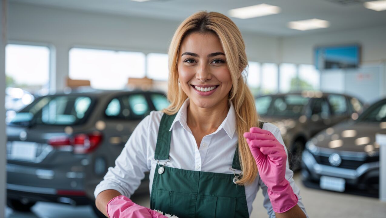 Car Dealership Cleaners Roy Utah. A cheerful hispanic honey-blonde professional cleaner in her 20s with neat hair, wearing plain dark green overalls, a white shirt, and pink gleaning gloves, smiles as she tidies up the Sales Office in a car dealership.
