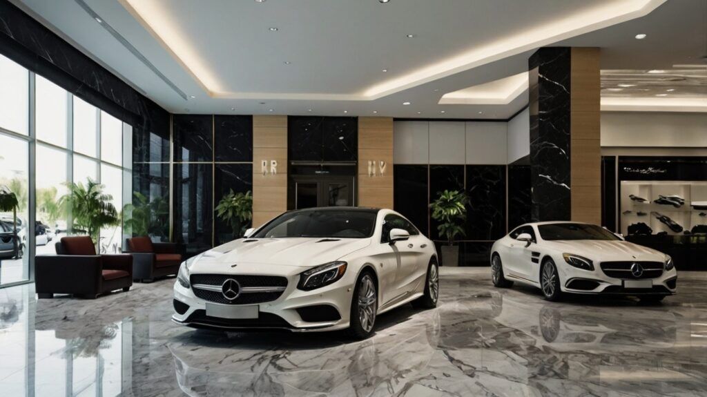Car Dealership Cleaning Ogden Utah - A car dealership showroom that has been meticulously cleaned. The marble flooring is so clean, it reflects the spotless cars on it sharply and in high definition. The columns are spotless, as are the wide windows that let in natural light.