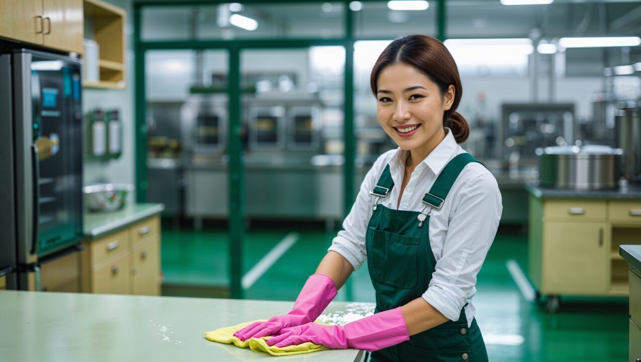 Janitorial Services Ogden, Utah. A cheerful Asian professional cleaner in her 30s with neat mushroom brown hair, wearing dark green overalls, a white shirt, and pink cleaning gloves, smiles as she tidies the break room in the factory. She is wiping the table, behind her is a blurred fridge and counters with cabinets. The interior window shows the factory floor, with clean enamel flooring and food drum flavoring machines.